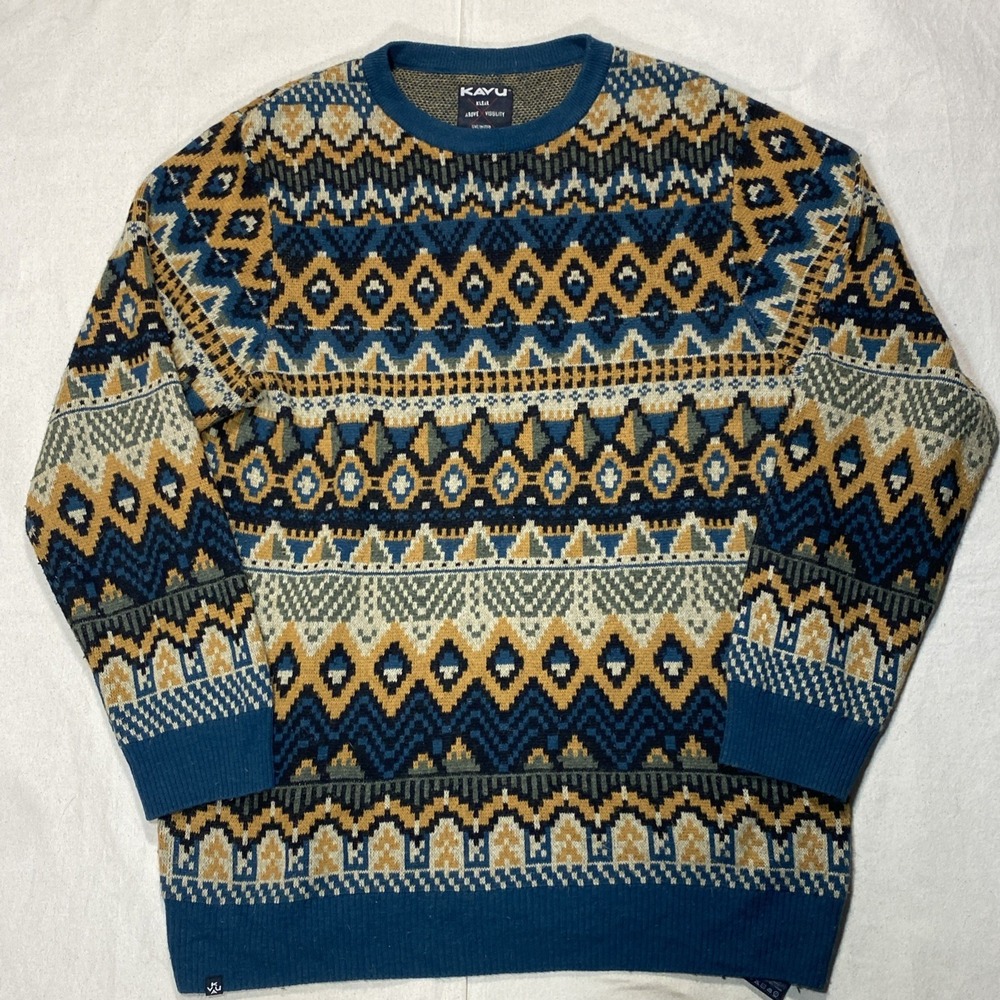 Kavu Alpaca Merino Pullover Sweater Geometric Print Fair Isle Size Med Men's